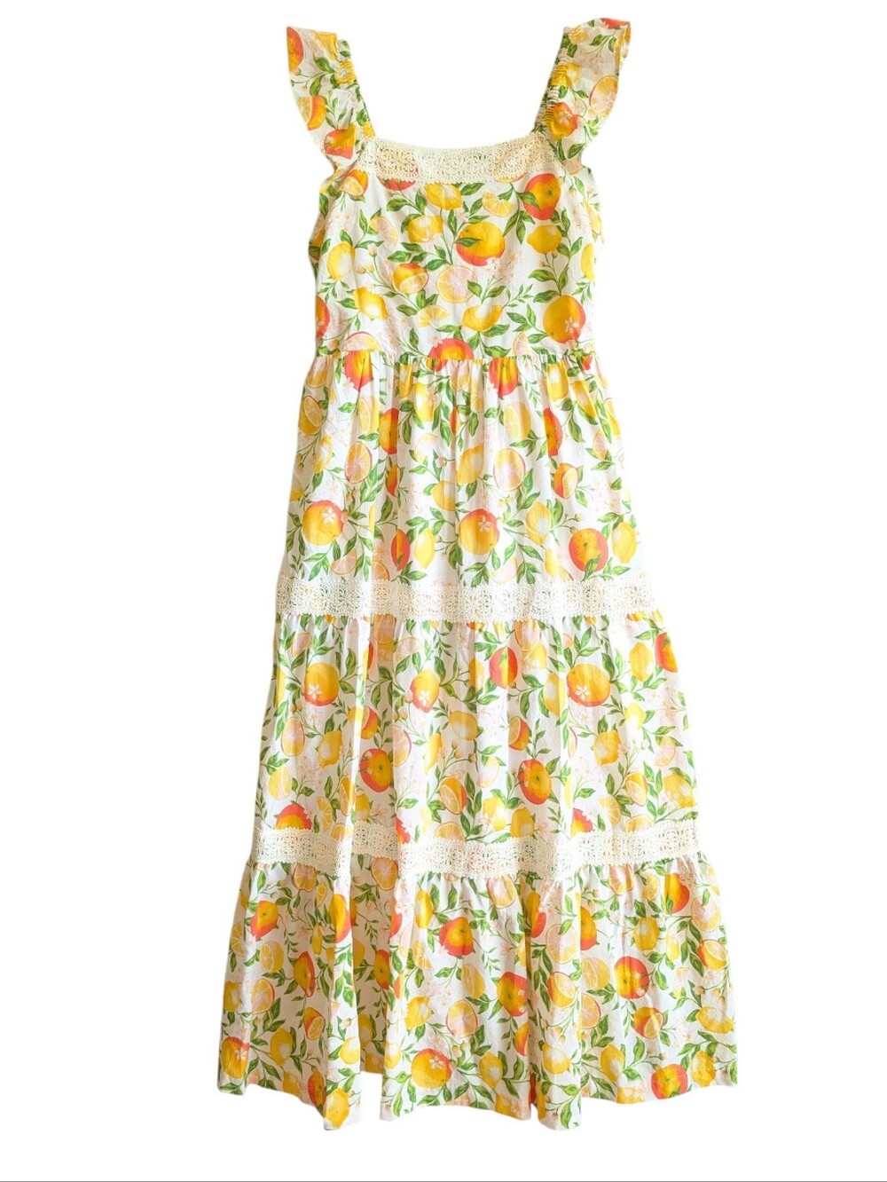 Rachel Zoe Citrus Fruit Print Tiered Maxi Dress Smocked Sundress Sz 4